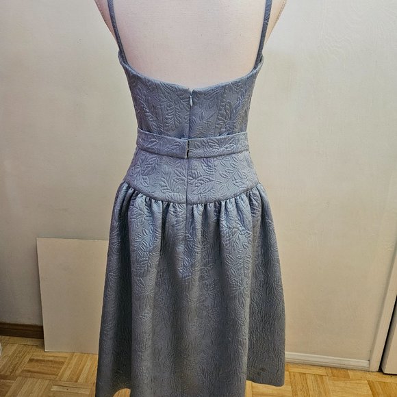 Wonderful MONIQUE LHUILLIER Light Blue Silk Brocade Beaded Formal Dress 4 XS S - Picture 4 of 14